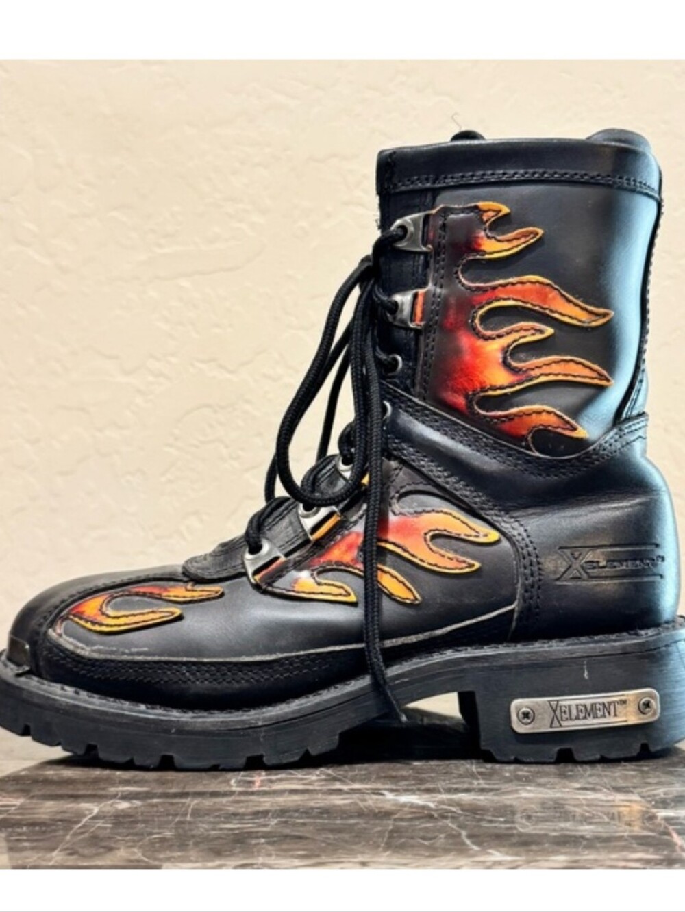 Element Woman Black Leather Boots with Red and Orange Flame Accents